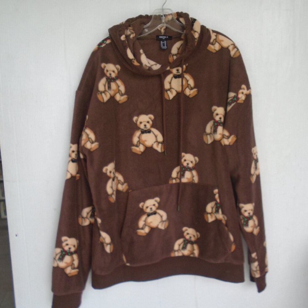 Forever 21 Mens Allover Teddy Bear Print Fleece Hoodie Size XL Brown